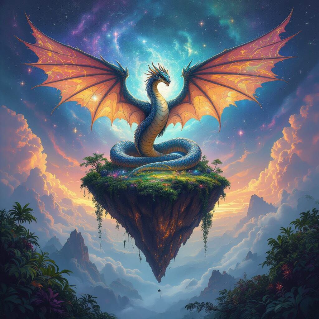 Cosmic Serpent on Floating Island in Nebula Sky