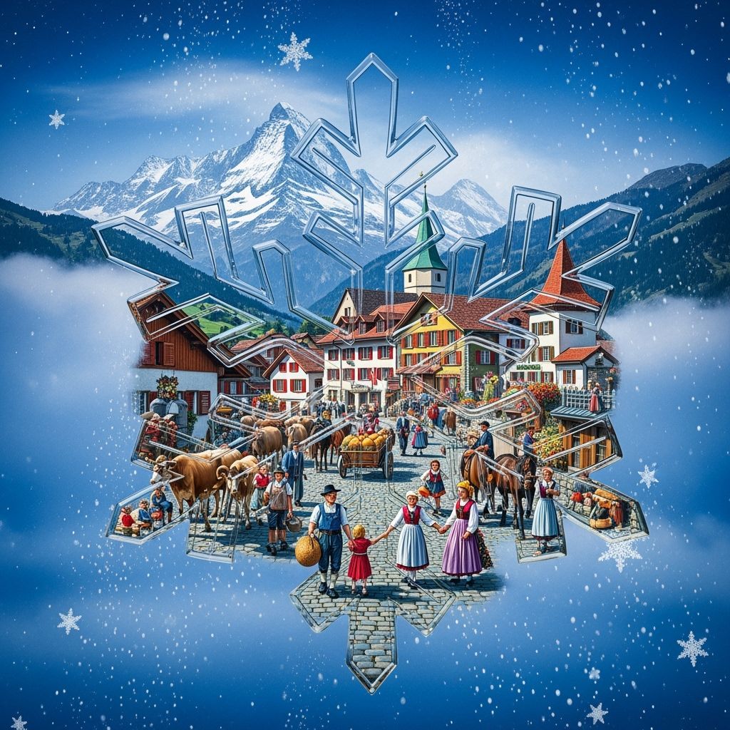 Surreal Snowflake Double Exposure: Swiss Alps Village Scene