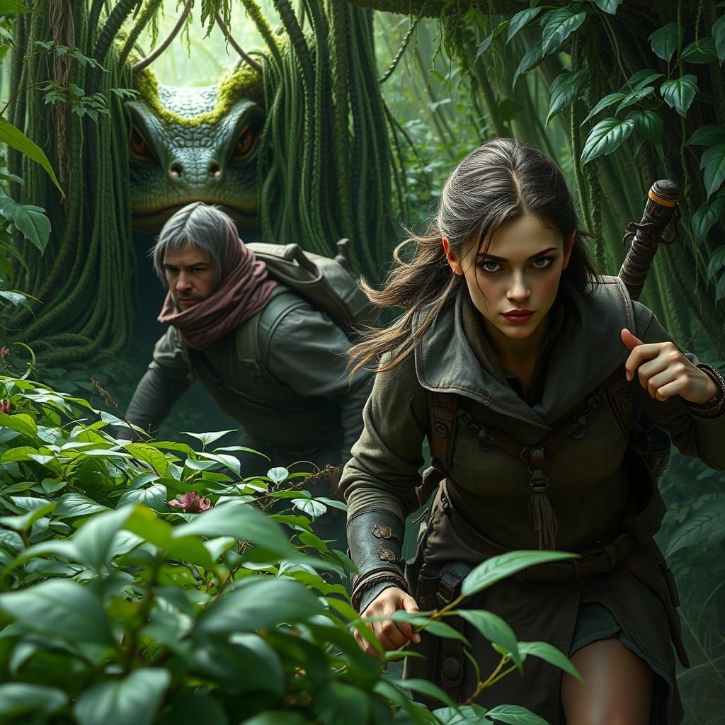 Determined Adventurers Encounter a Reptilian Guardian in the...