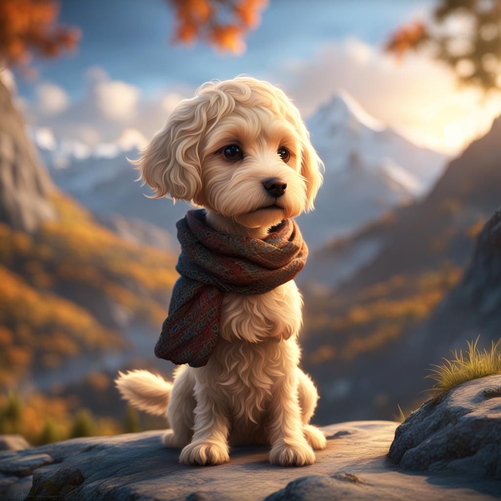 Cute Sproodle in Scottish Scarf, Mountain Landscape