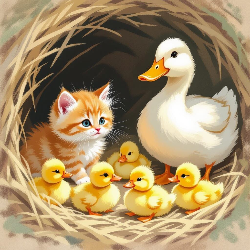Kitten Hides Among Ducklings in Whimsical Illustration