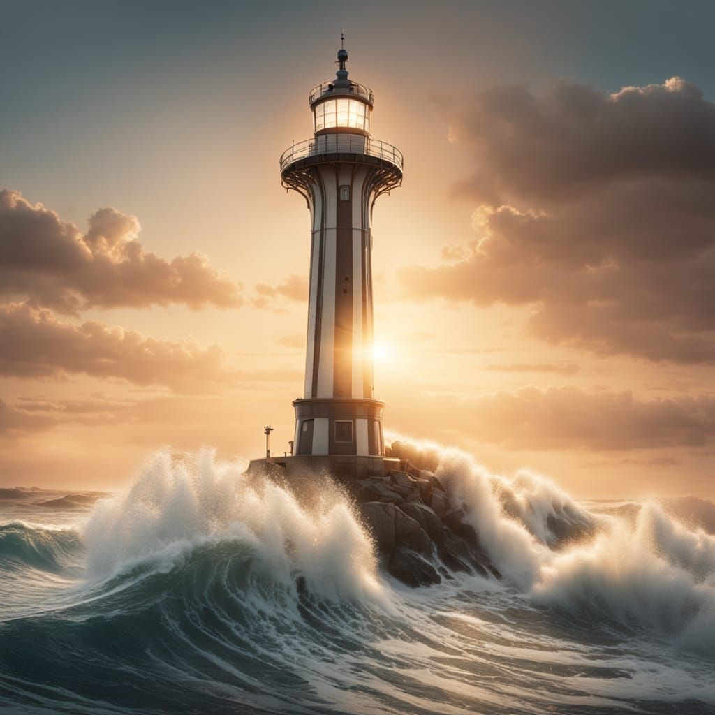 Surreal Light Tower in Crashing Waves