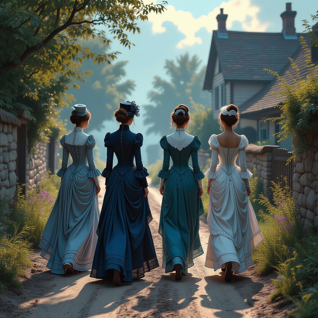 Victorian Women on Dusty Lane, 1888