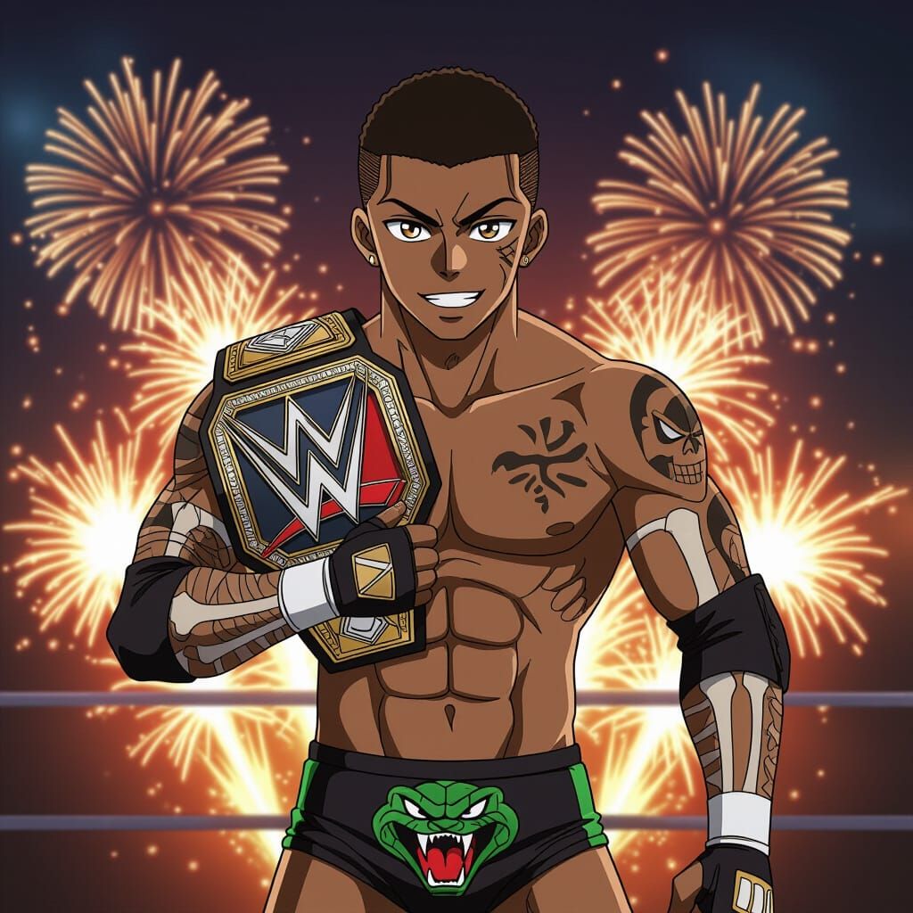 Anime Wrestler with Skeleton Tattoos Holds Championship Belt