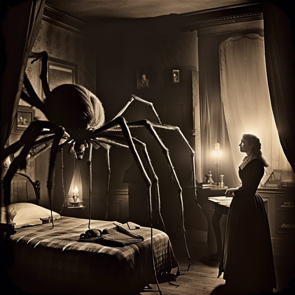 Victorian Lady and Giant Spider in Dark Room