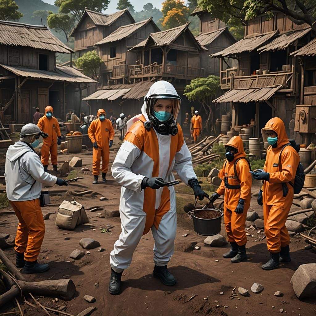 Doctor in Hazmat Suit Helping Villagers