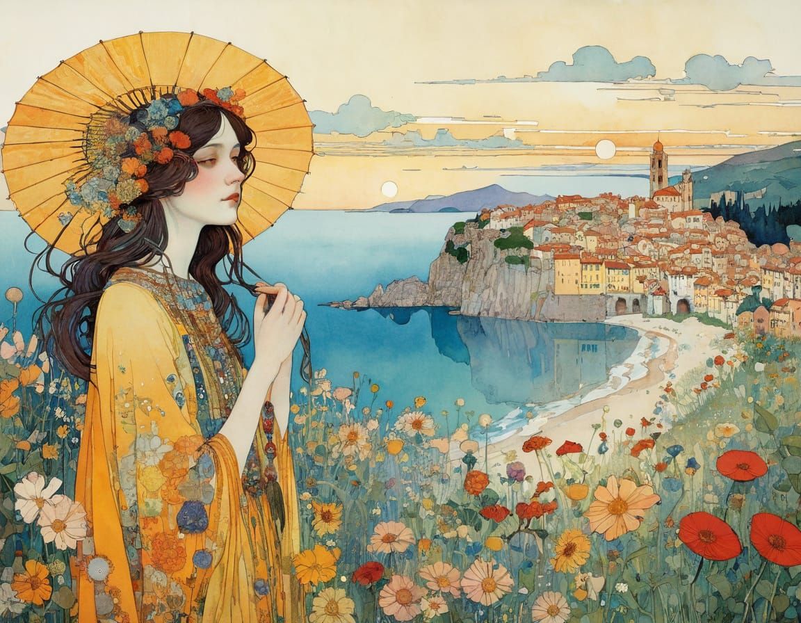 Lush Summer Scene in Art Nouveau Style
