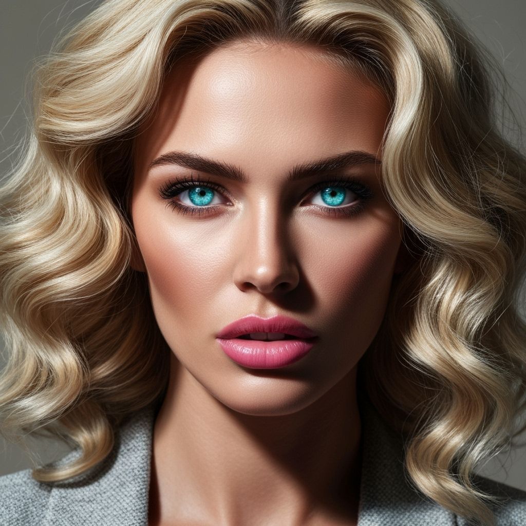Hyperrealistic Portrait of Blonde Woman with Aqua Eyes
