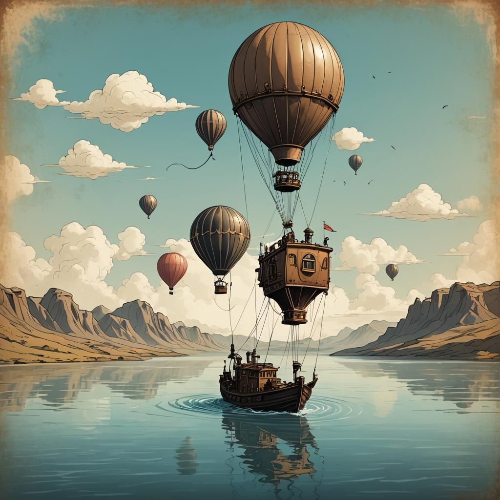 Steampunk Balloon Boat on River: Minimalist Sci-Fi