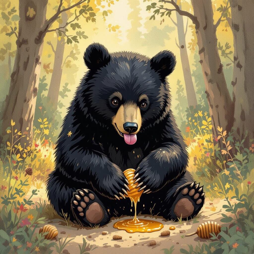 Black Bear Licking Honey in Whimsical Style