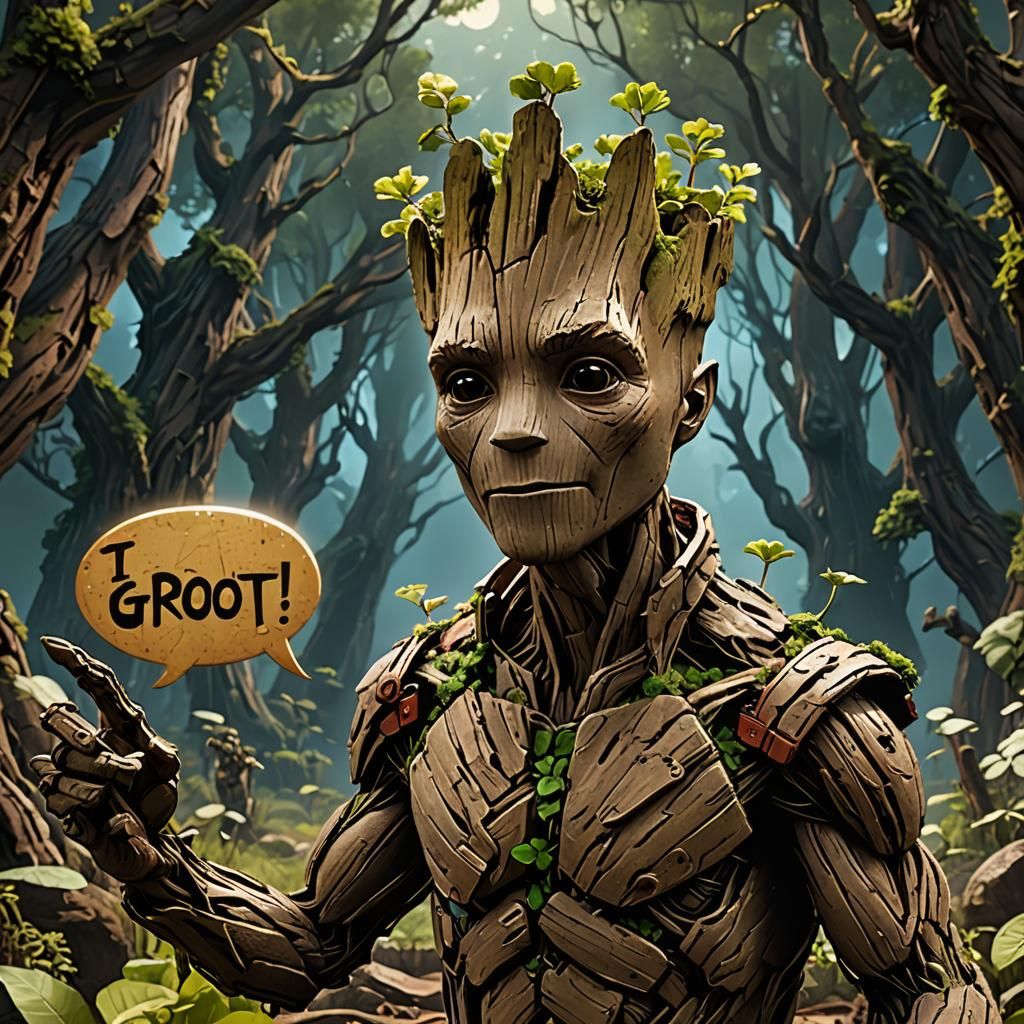 Groot with Speech Bubble in Detailed Digital Painting