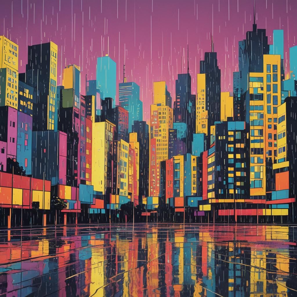 Pop Art Cityscape in Gentle Rain