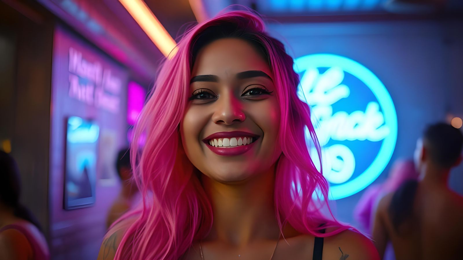 Happy South Asian Woman in Neon Nightclub Portrait