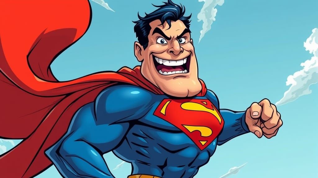 Exaggerated Superman Caricature in Cartoon Anime Style