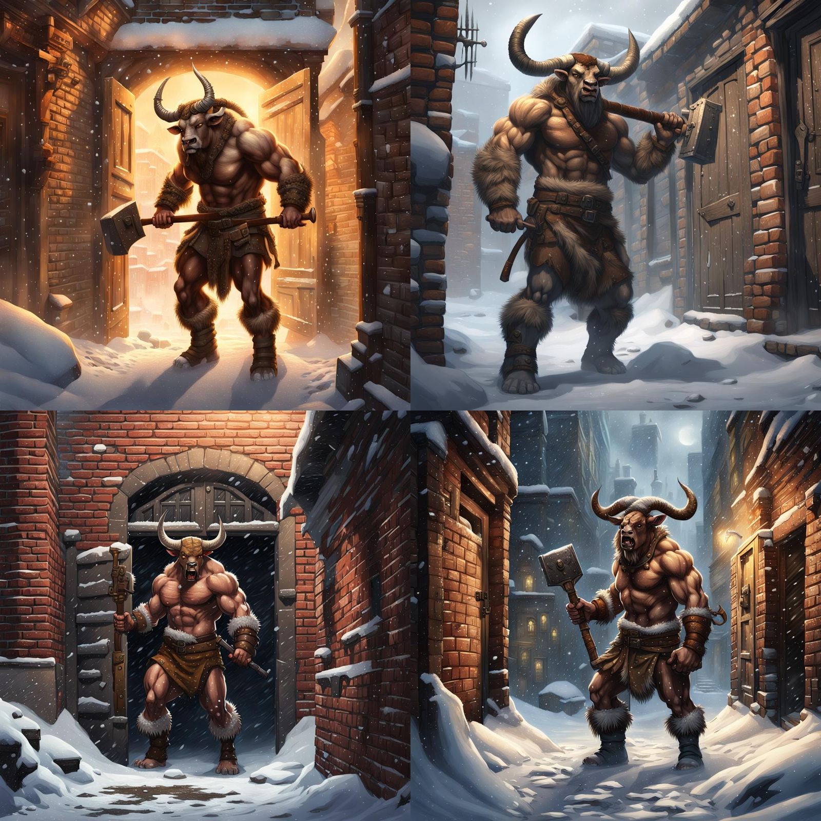 Minotaur Gunsmith Guards Door in Snowy Alley