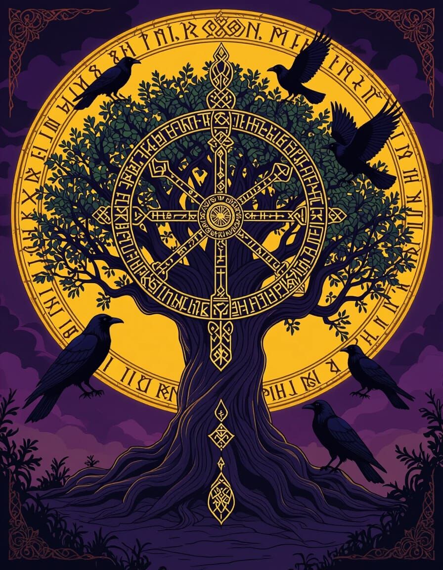 Yggdrasill with Runes and Ravens in Dark Fantasy Style