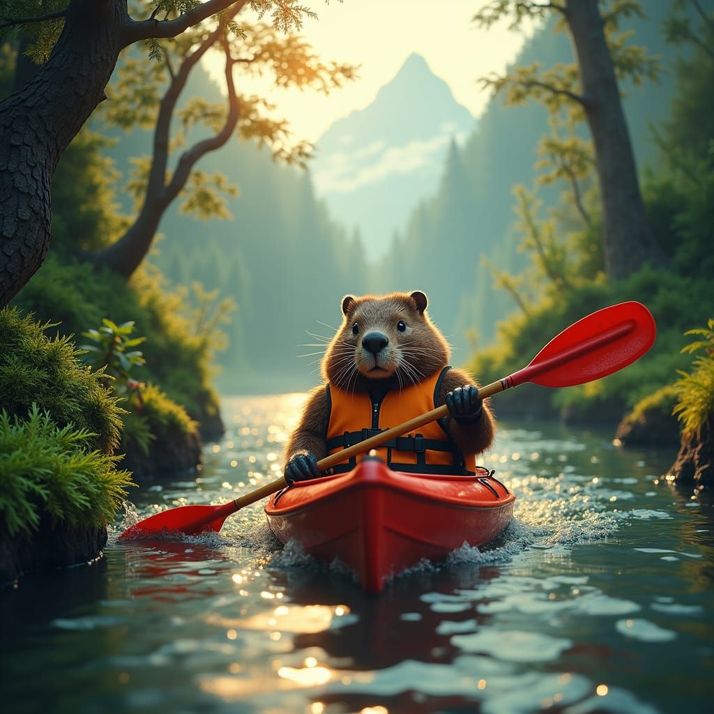 Beaver Paddling Red Kayak on River in Fantasy Realism