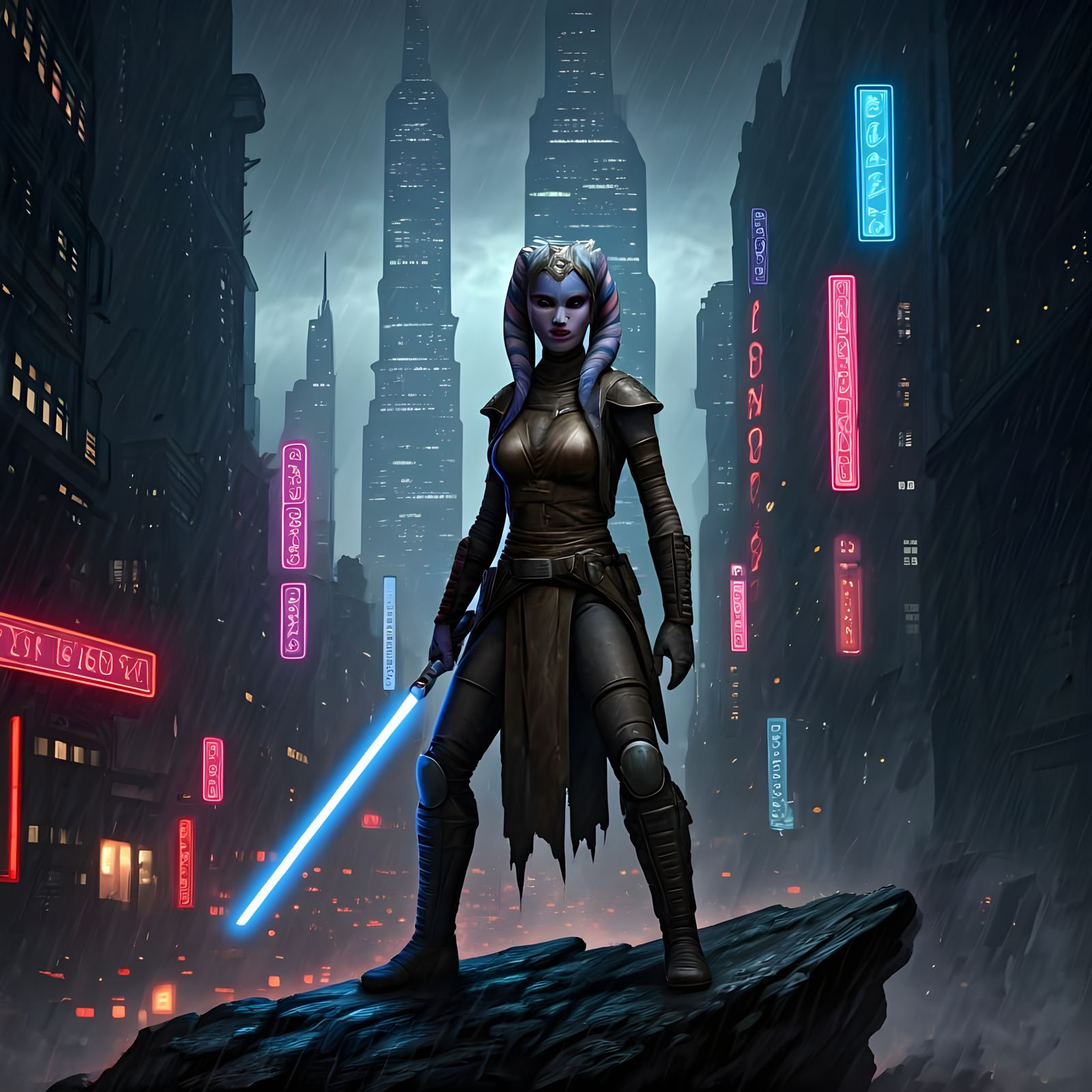 Twi'lek Jedi Knight in Cyberpunk Cityscape