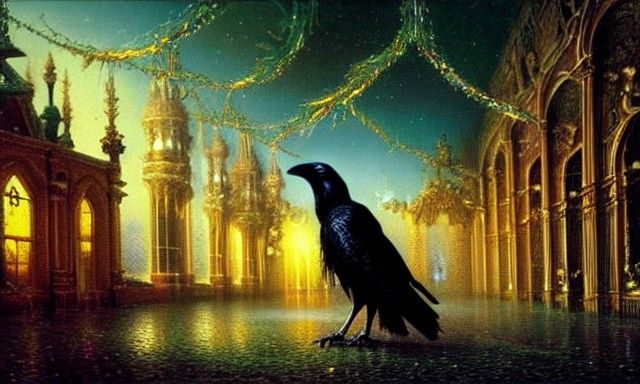 Crowned Crow in Baroque Palace, Astral Illustration