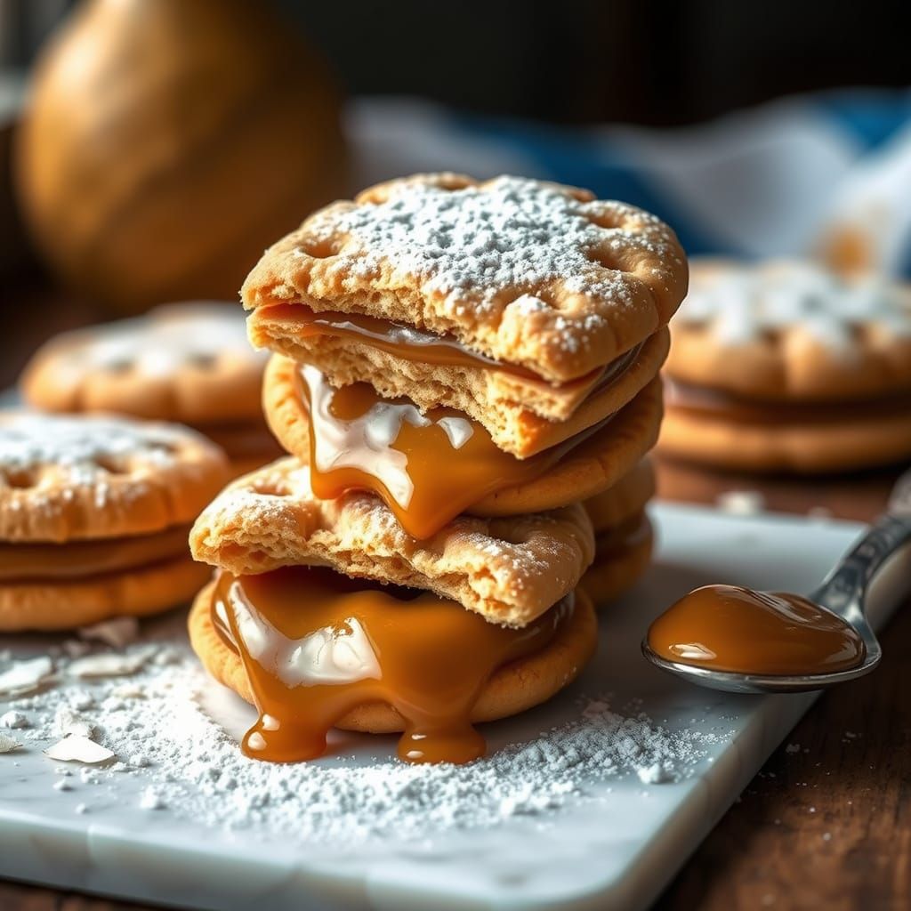 Golden Alfajores Cookies with Dulce de Leche and Powdered Su...
