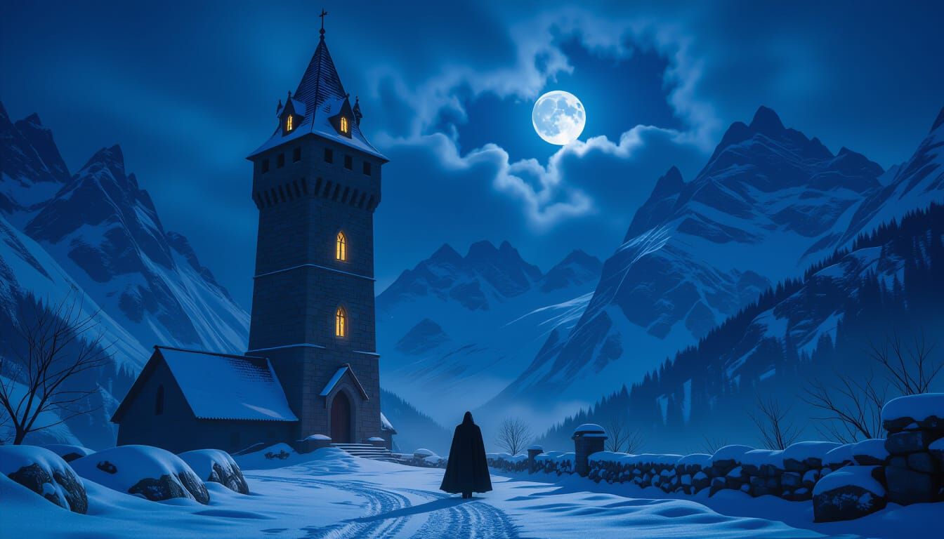 Gothic Stone Tower Under Moonlit Mountains