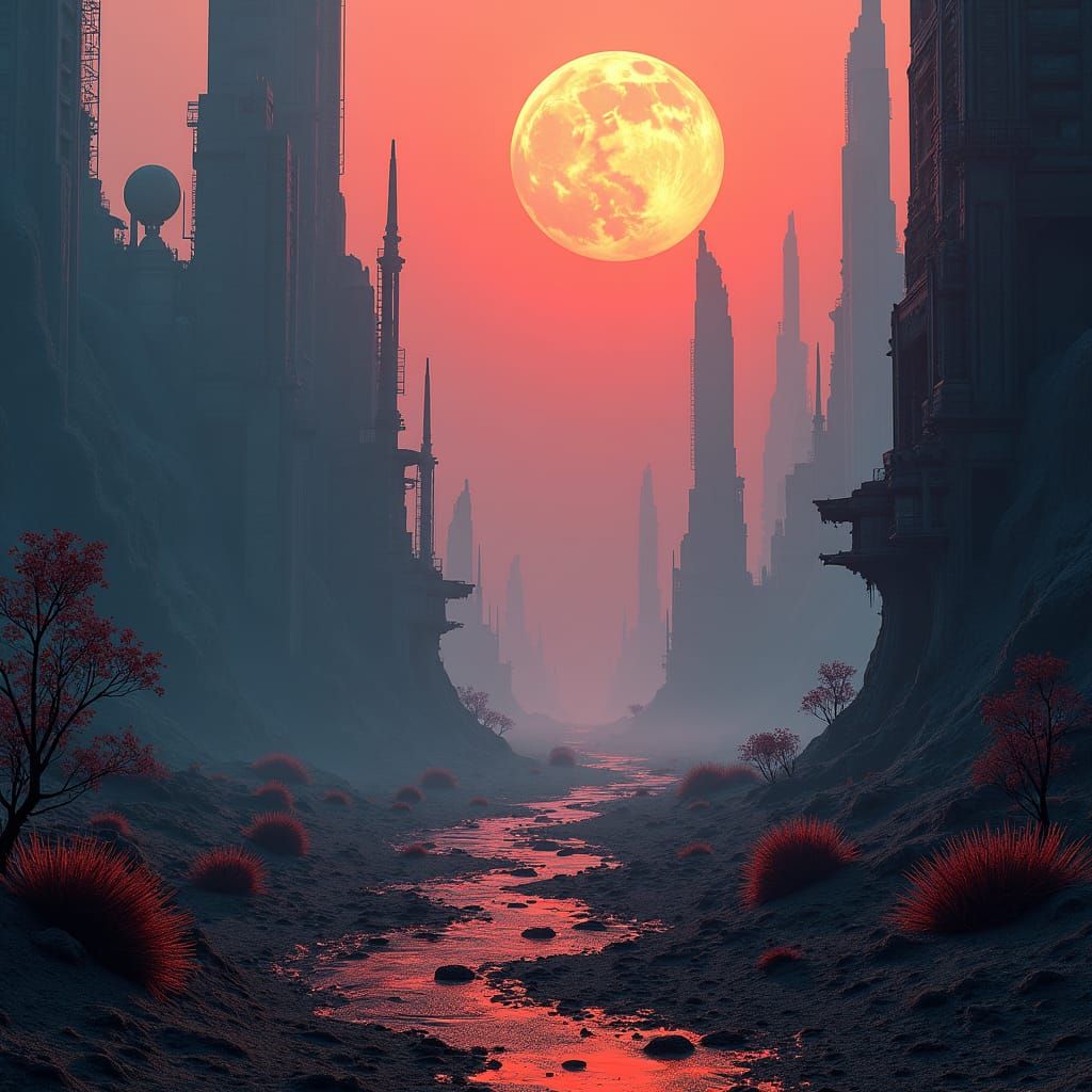 Dying Sun Over Deserted Alien Cityscape