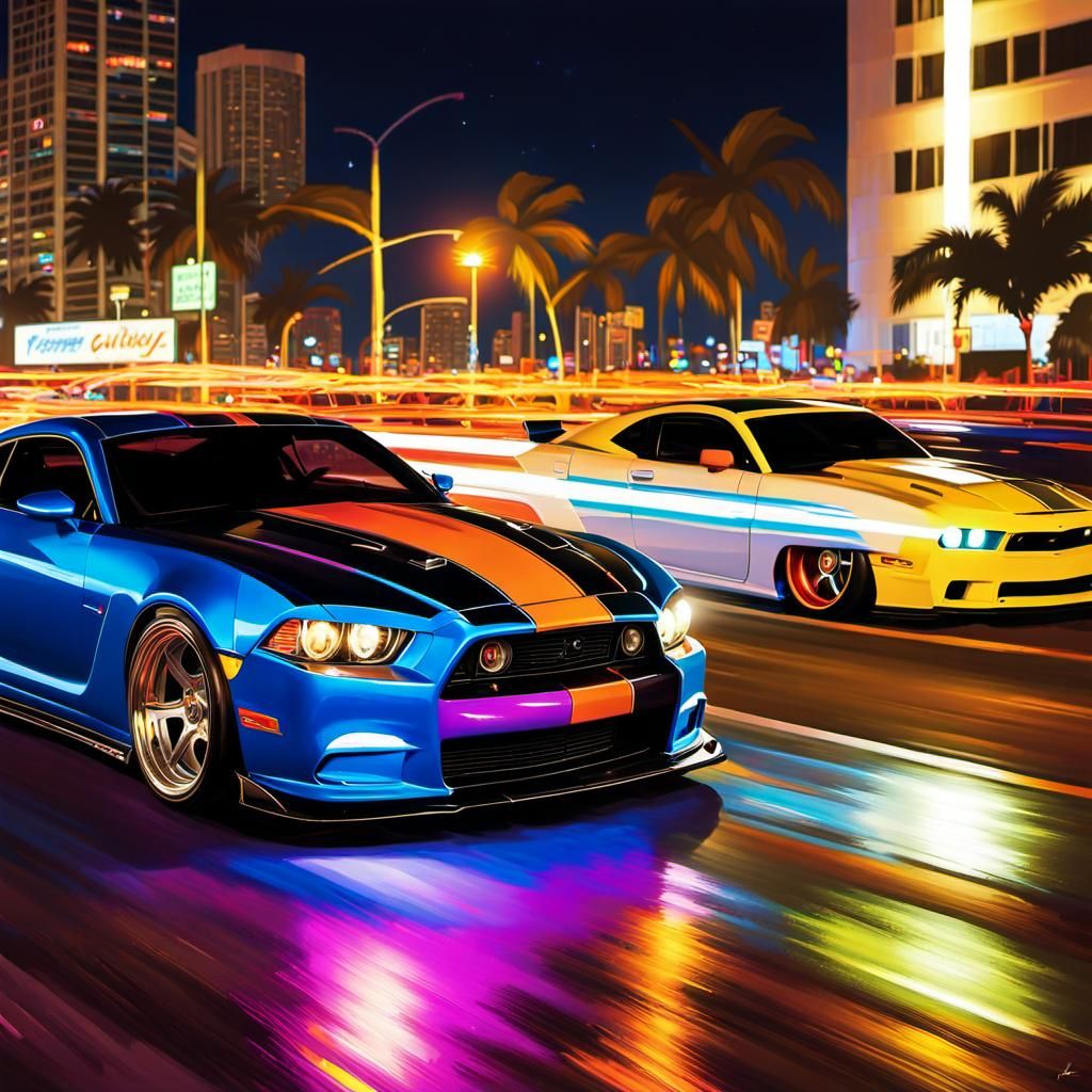 Midnight Showdown in Miami: Blue Muscle Dominates Yellow Rival in an Epic Fast & Furious Street Race