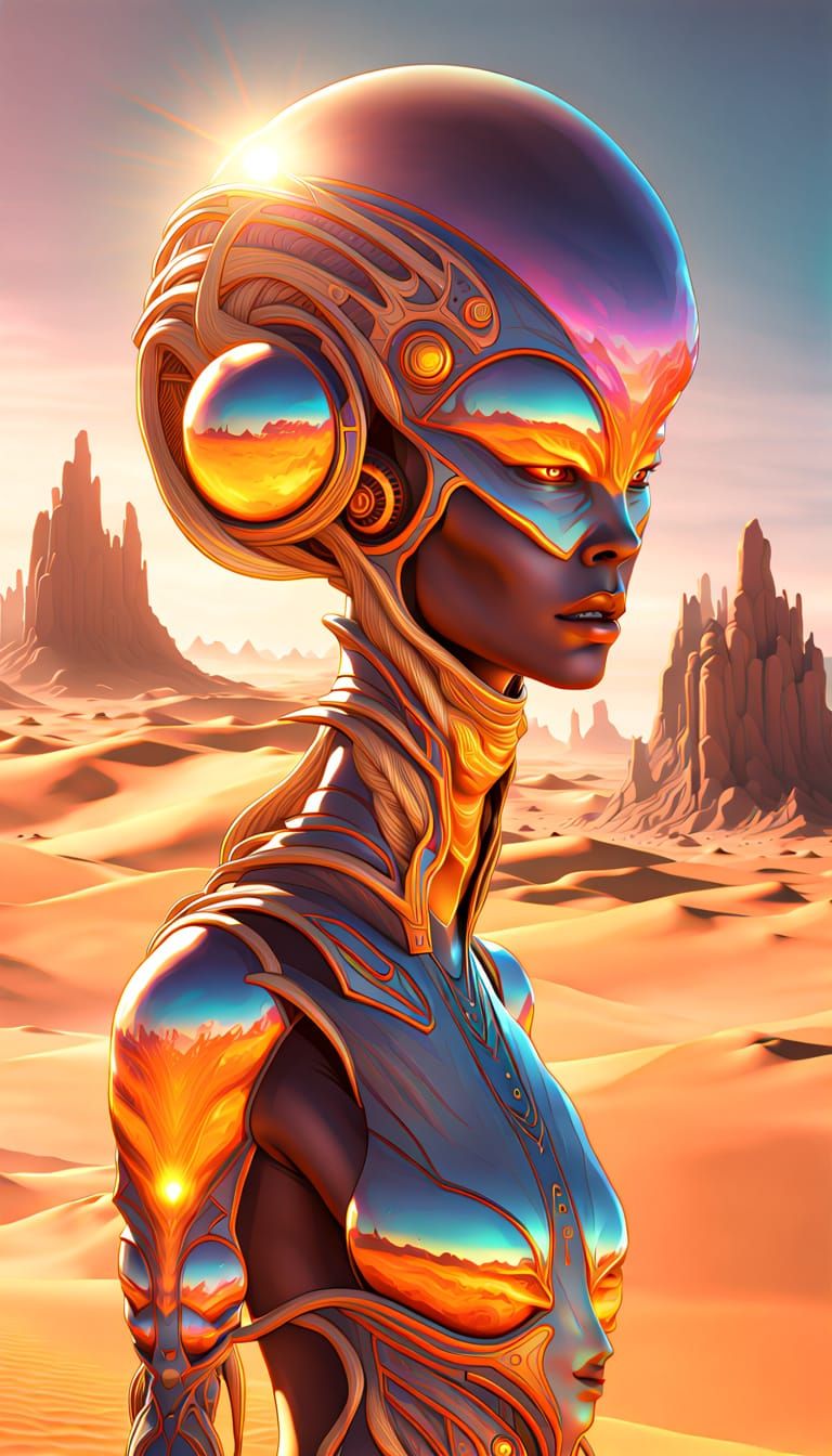 Alien Desert Landscape with Prismatic Towers Reflecting Thre...