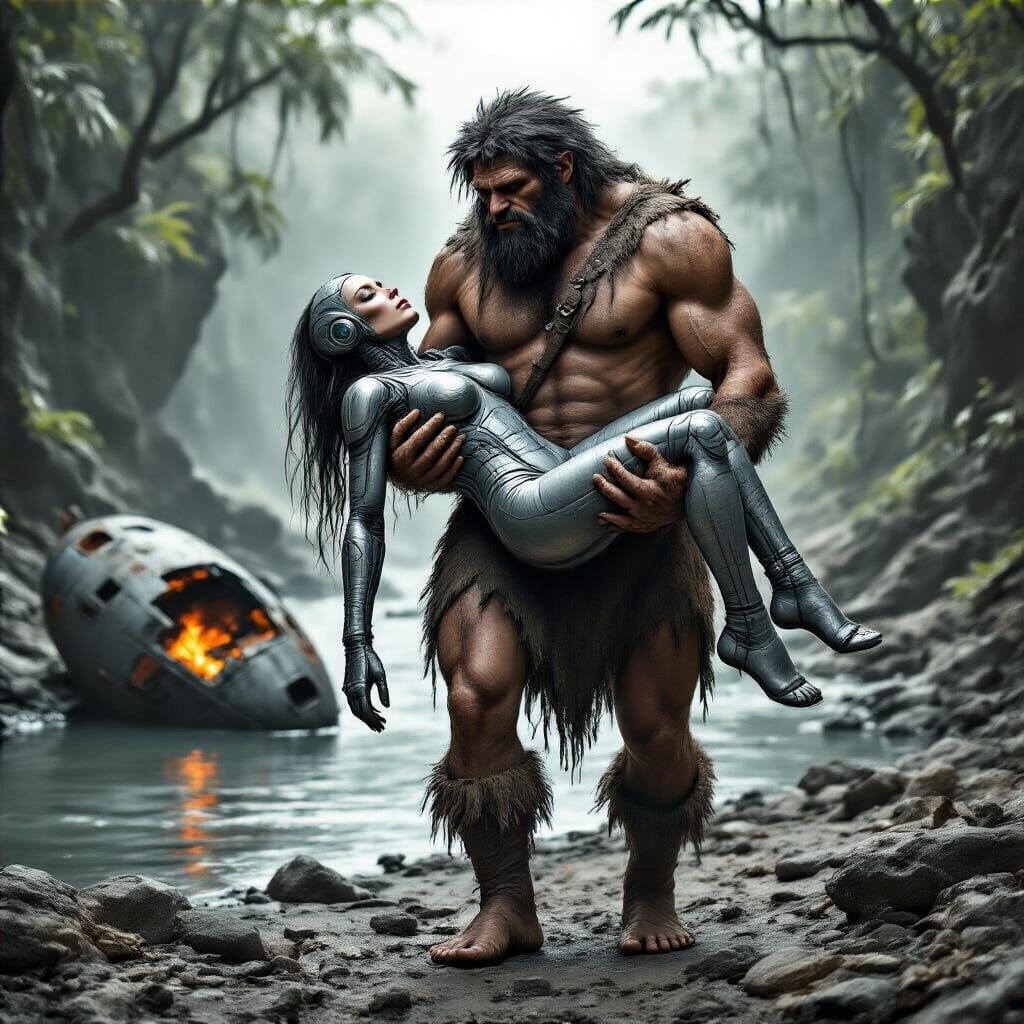 Caveman Rescues Alien in Hyperrealistic Charcoal Style