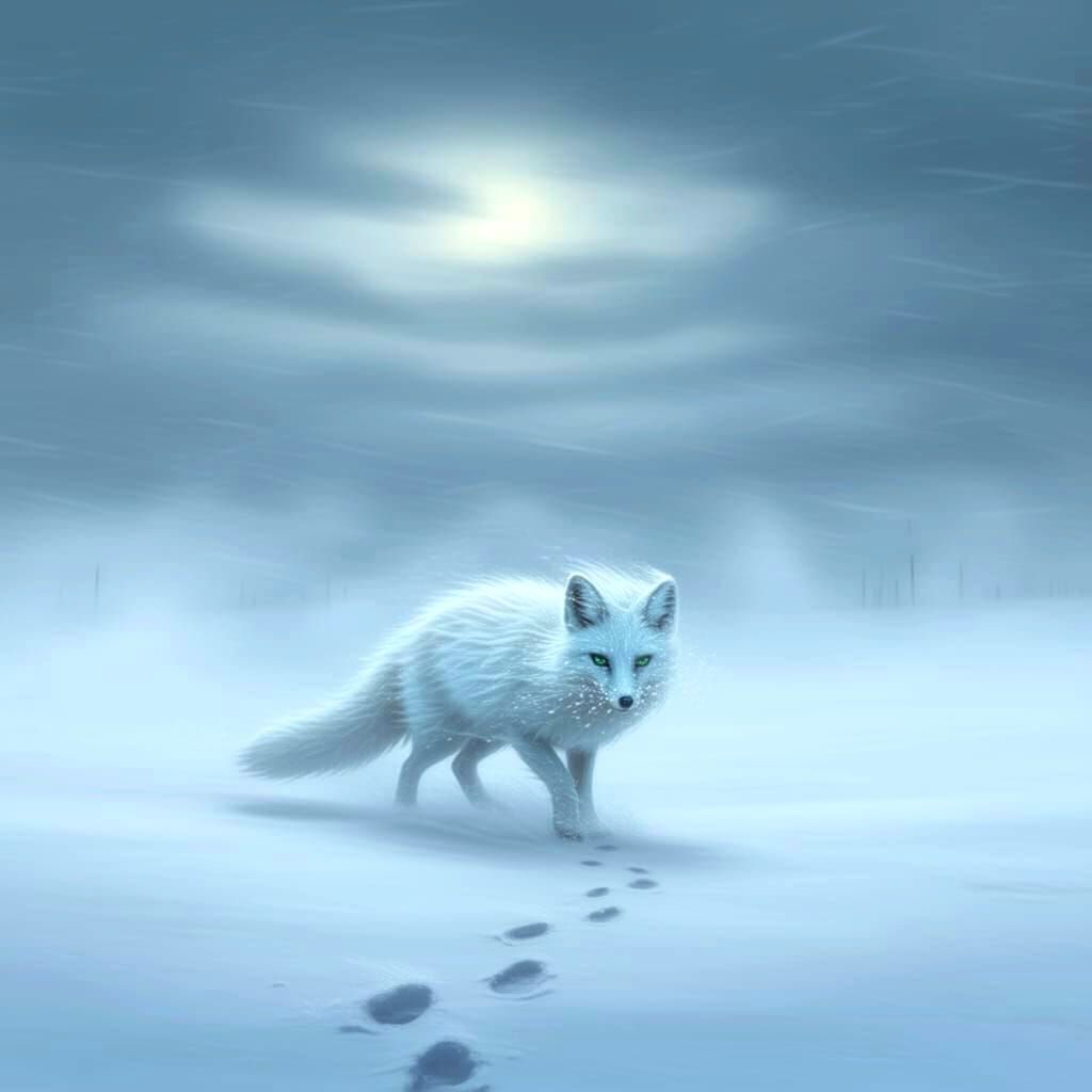 “A lone arctic fox trudging through a fierce snowstorm on a ...