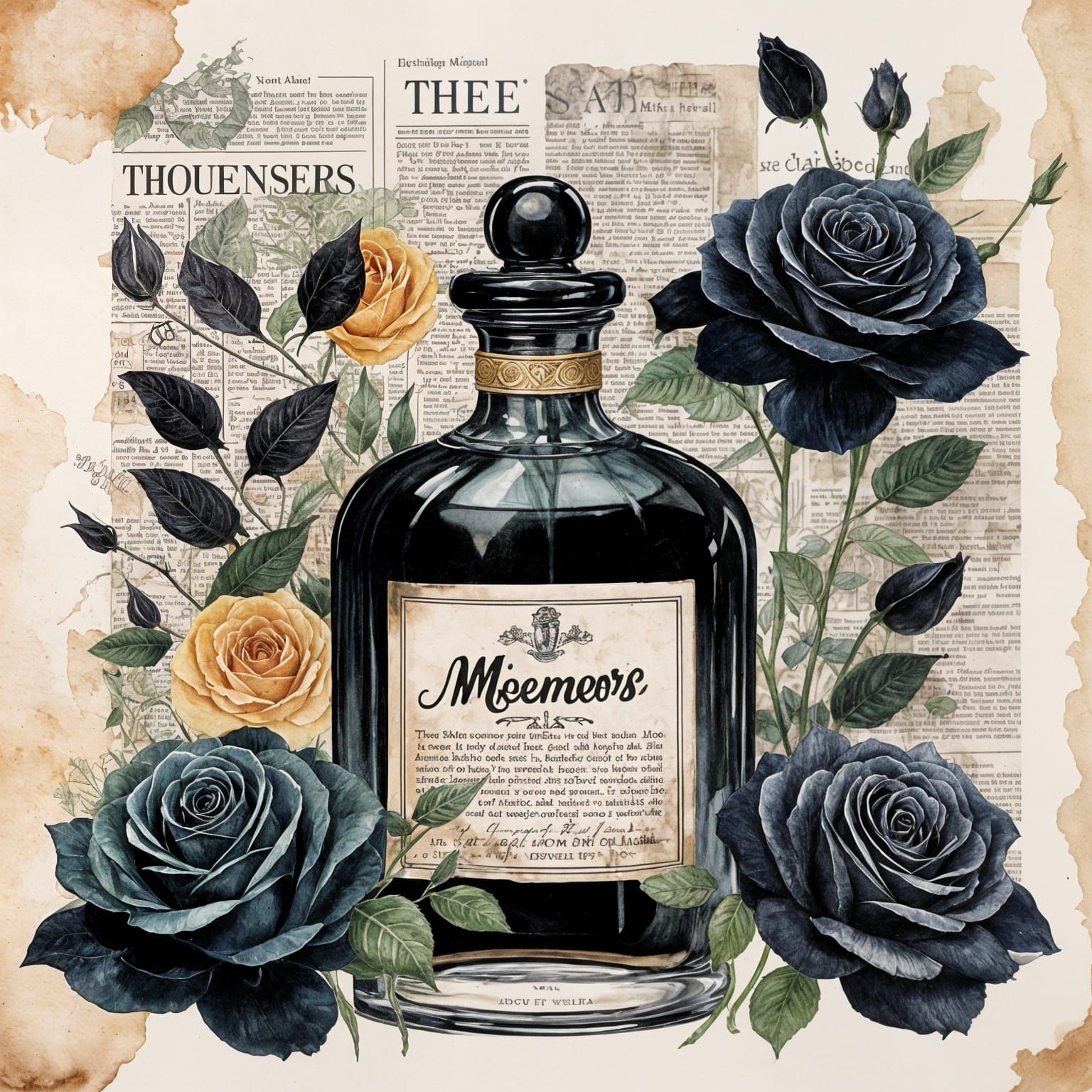 Surreal Perfume Bottle Adorned with Black Roses in Watercolo...