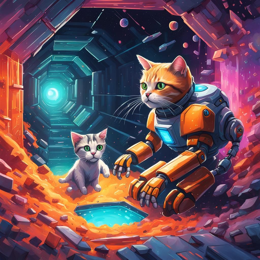 Cat and Robot Escape Space Prison: Hyperrealistic Concept Ar...
