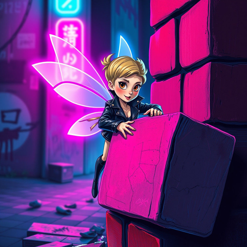 Synthwave Fairy Lifts a Brick in Neon Cityscape