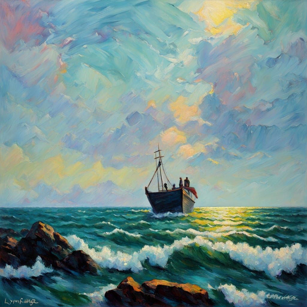 Shimmering Ocean Under Vast Sky in Neo-Impressionist Style