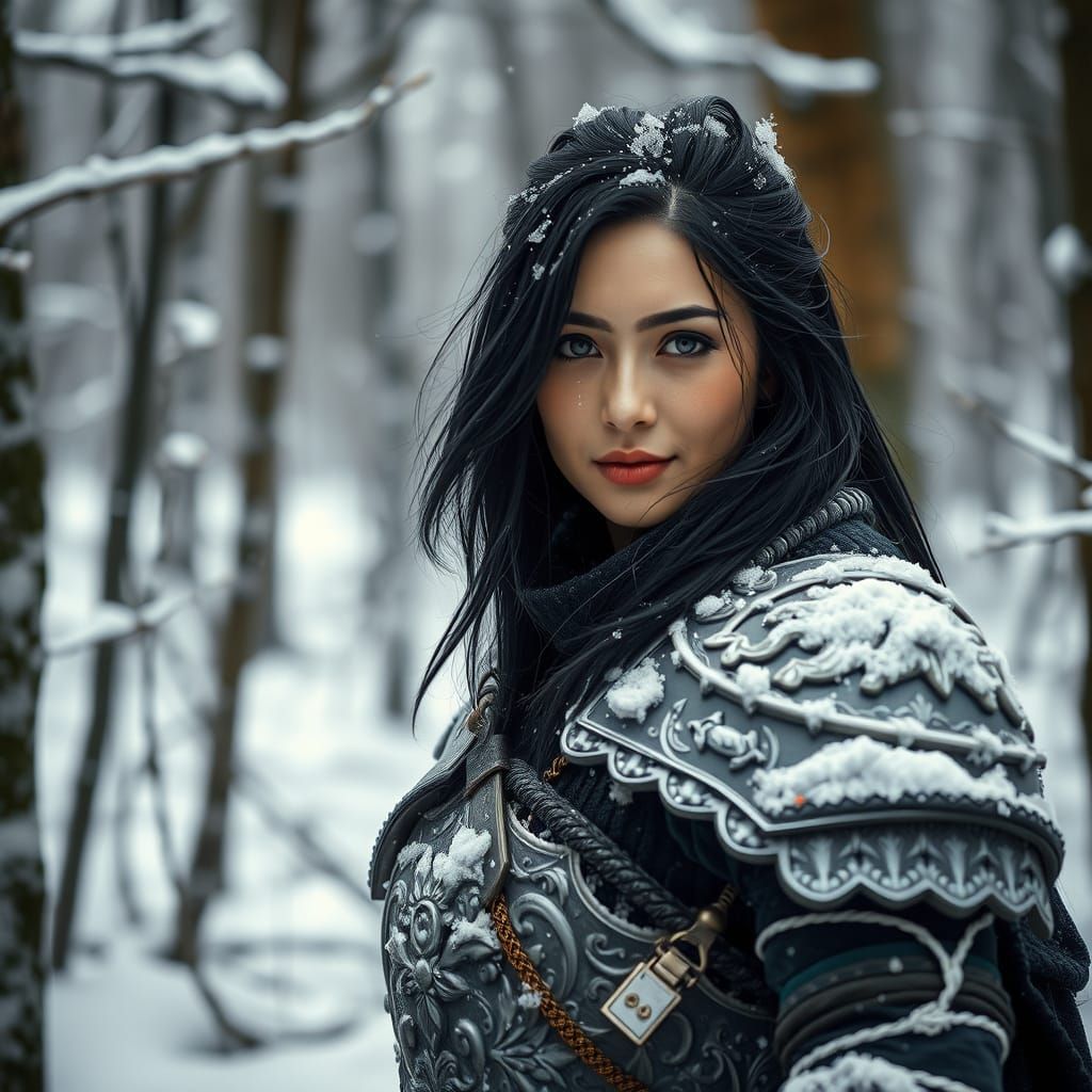 Woman Warrior in Snowy Forest, Hyperrealistic Style