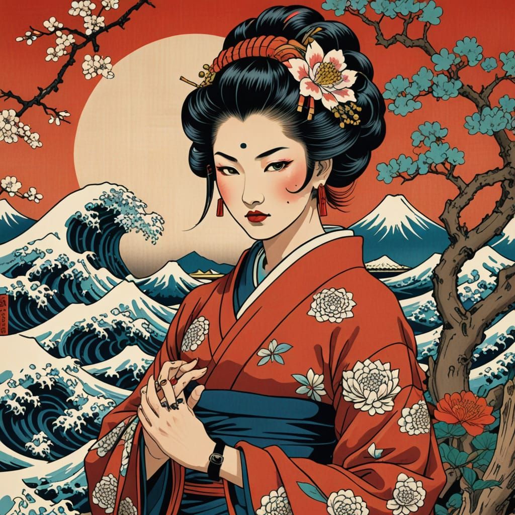 Vibrant Ukiyo-E Style Portrait of a Supermodel