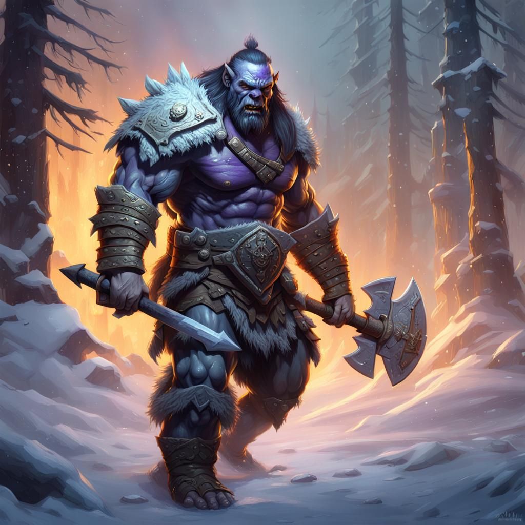 Furious Orc Barbarian with Icy Armor, Dark Fantasy Art