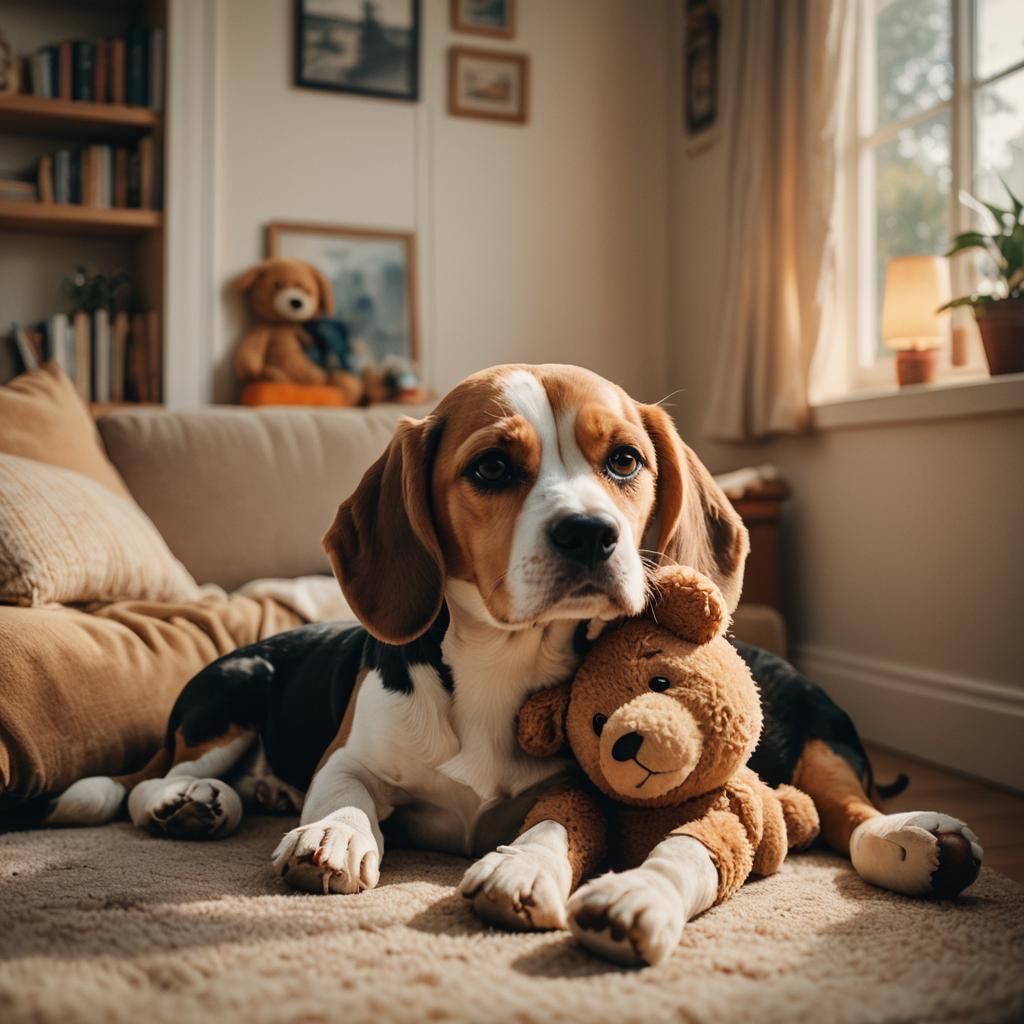 Beagle Cuddling Teddy Bear in Golden Light