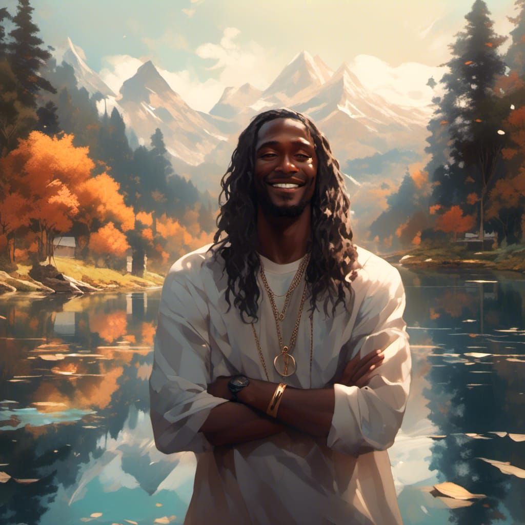 Hyper-Realistic Portrait of a Smiling Man with Long Hair