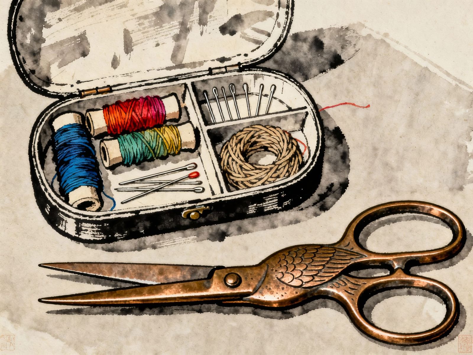 Bronze Crane Scissors Beside Sewing Kit in Ink Painting Styl...