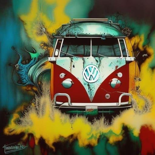 Vintage VW Van in Maximalist Ink Painting Style