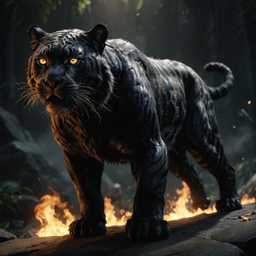 Fiery Black Tiger Cat Hybrid: 3D Cinematic Render