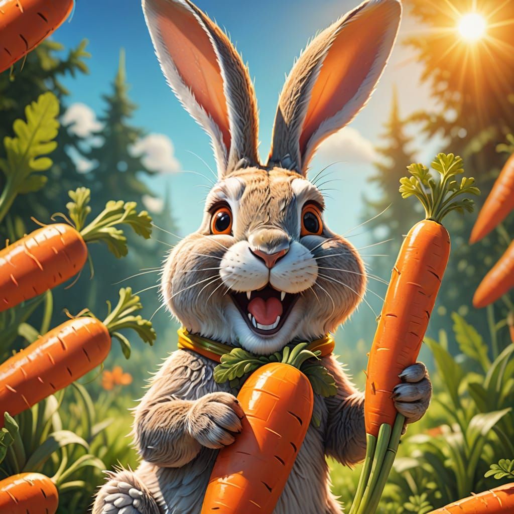 Laughing Rabbit with Carrot in Cartoon Style