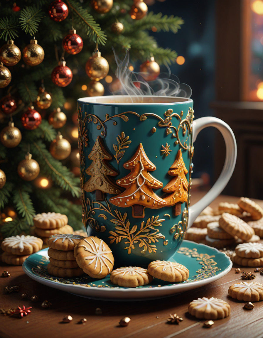 Vibrant Christmas Scene with Steaming Coffee and Decorated T...