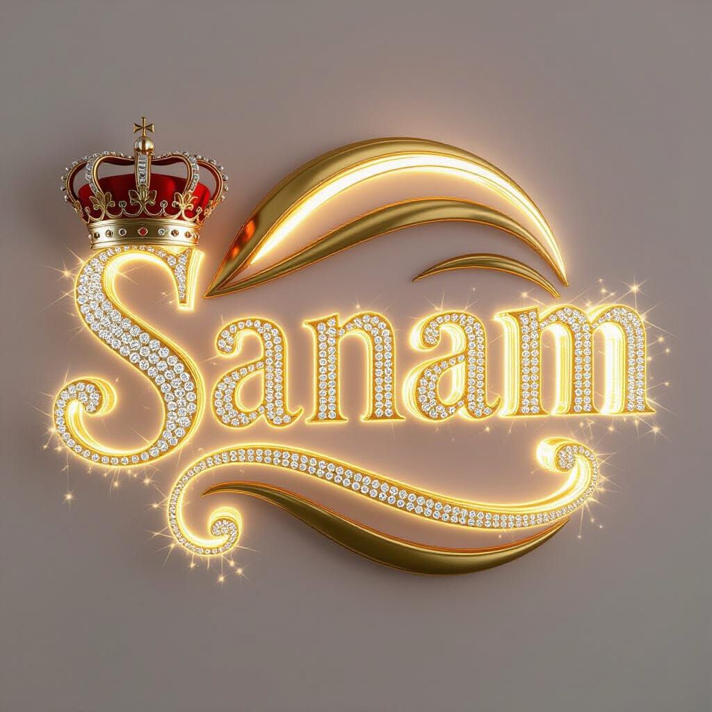Golden "Sanam" Typography Poster with Diamonds and Crown