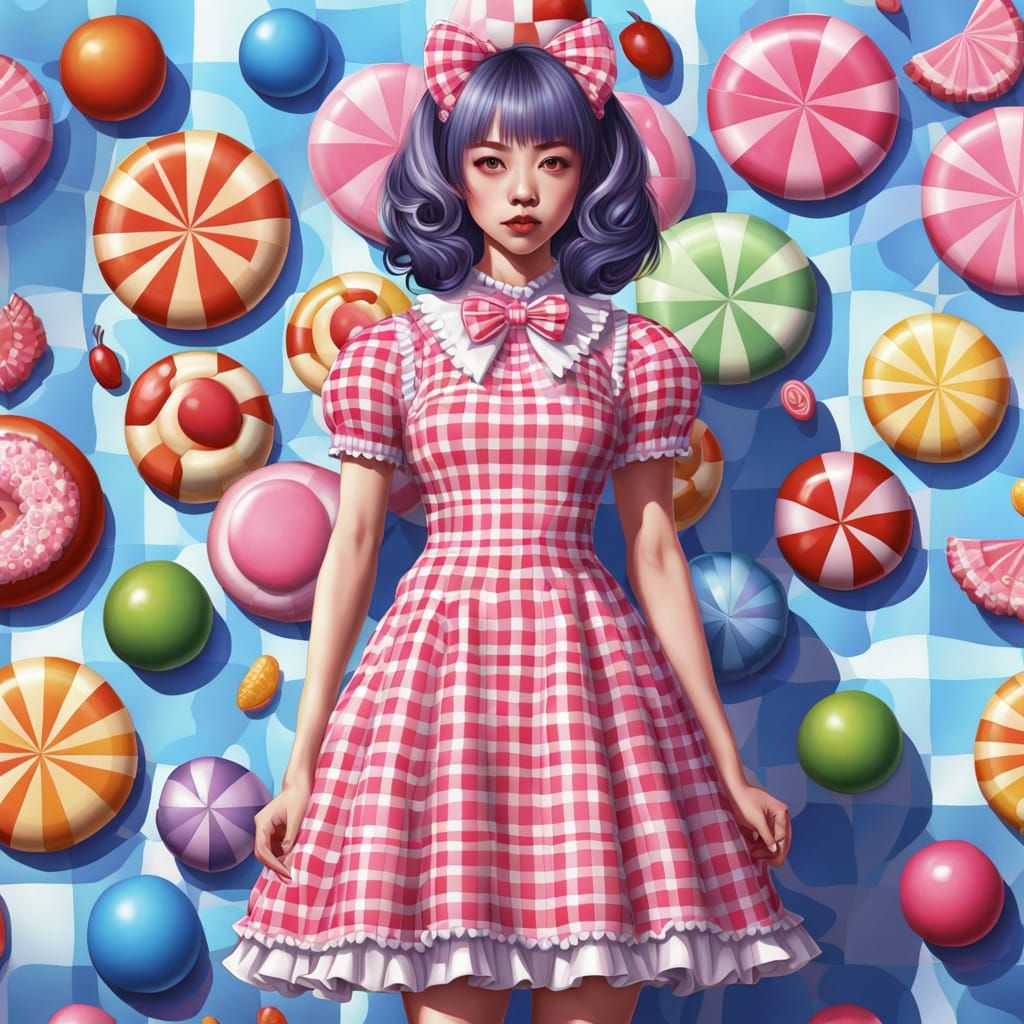 Whimsical Japanese Gothic Princess in Gingham Print Dress
