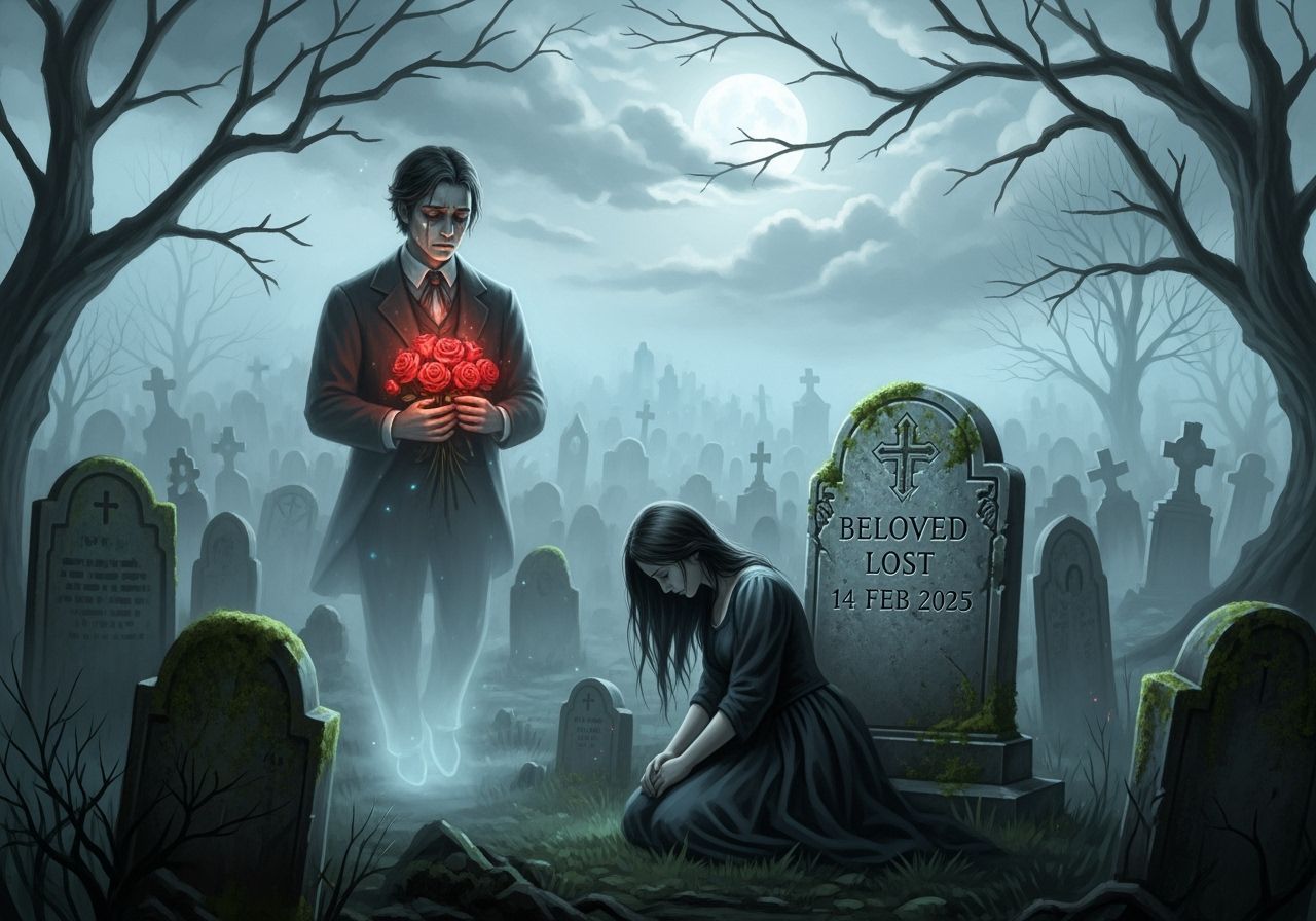 Gothic Romance: Ghostly Lover Visits Grave Under Full Moon