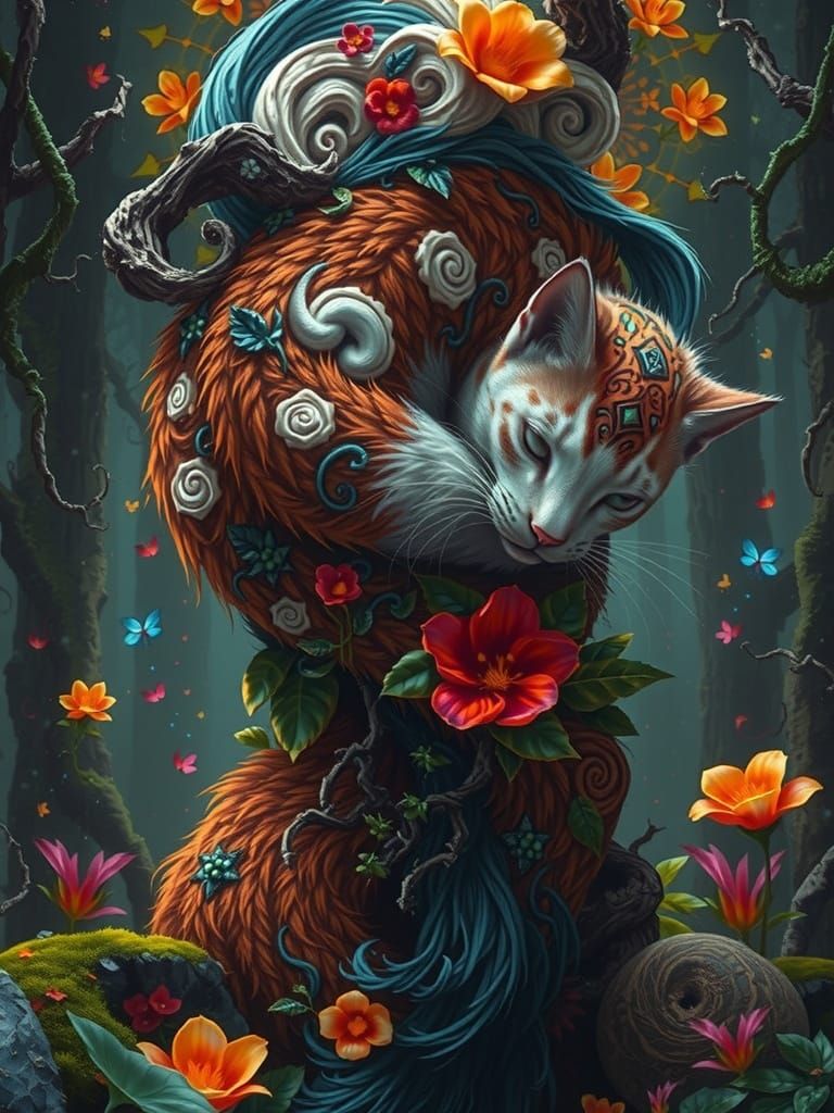 Enchanted Feline Goddess Amidst Whimsical Forest Wonderland
