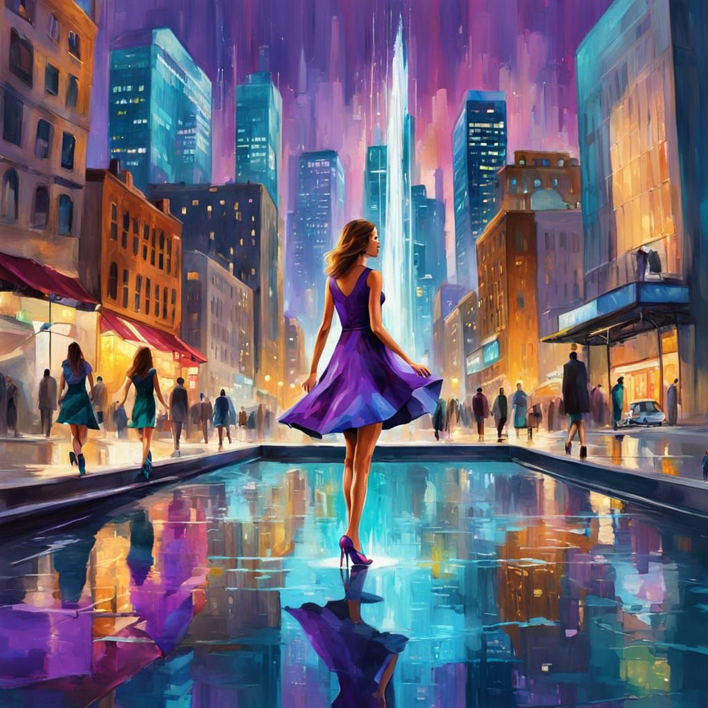 Vibrant Cityscape Oil Painting of Woman in Purple Dress