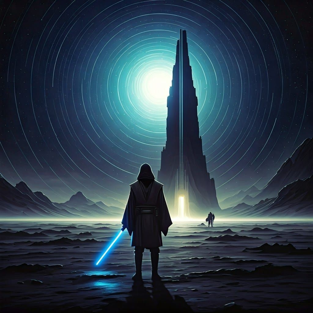 A lone Jedi Knight stands on a desolate, windswept planet, gazing at a distant, towering Jedi Temple. The Jedi is clad i...